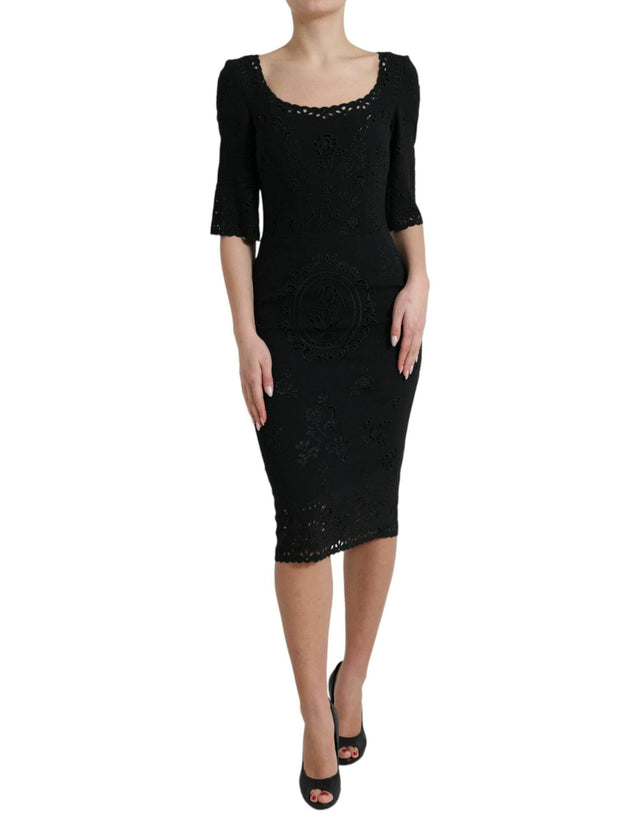Dolce & Gabbana Black Floral Lace Viscose Bodycon Midi Dress - Hilstor