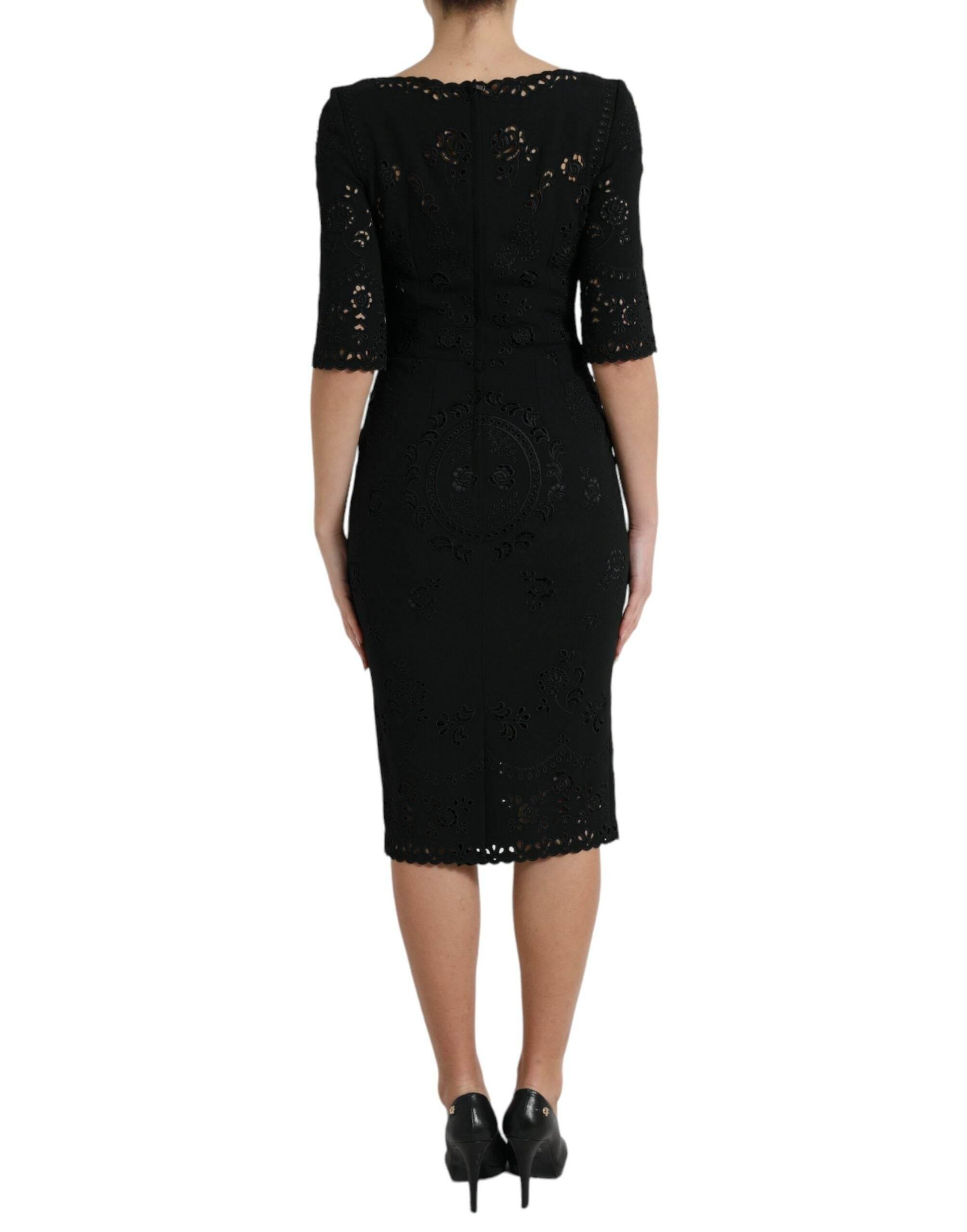 Dolce & Gabbana Black Floral Lace Viscose Bodycon Midi Dress - Hilstor