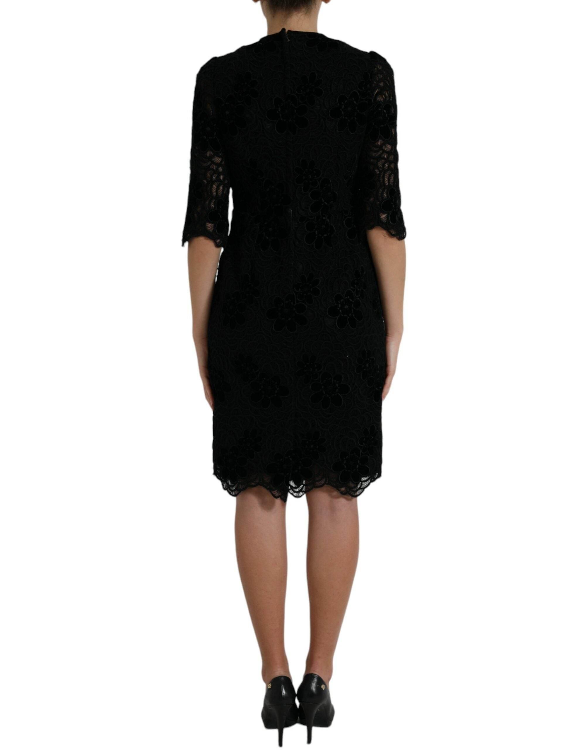 Dolce & Gabbana Black Floral Lace Cotton Bodycon Dress - Hilstor