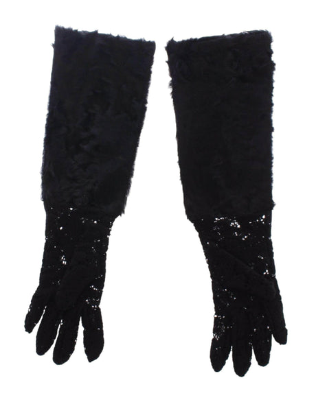 Dolce & Gabbana Black Wool Lace & Lamb Fur Elbow Gloves - Hilstor