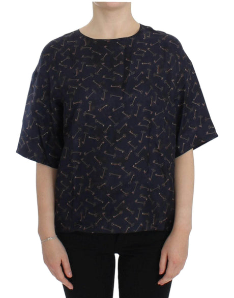 Dolce & Gabbana Blue gold key print silk blouse - Hilstor