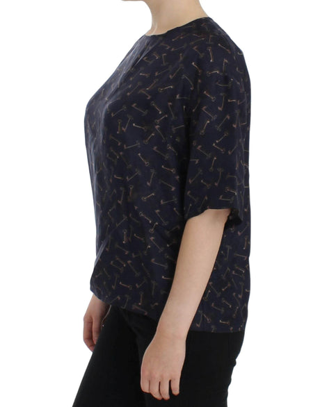 Dolce & Gabbana Blue gold key print silk blouse - Hilstor