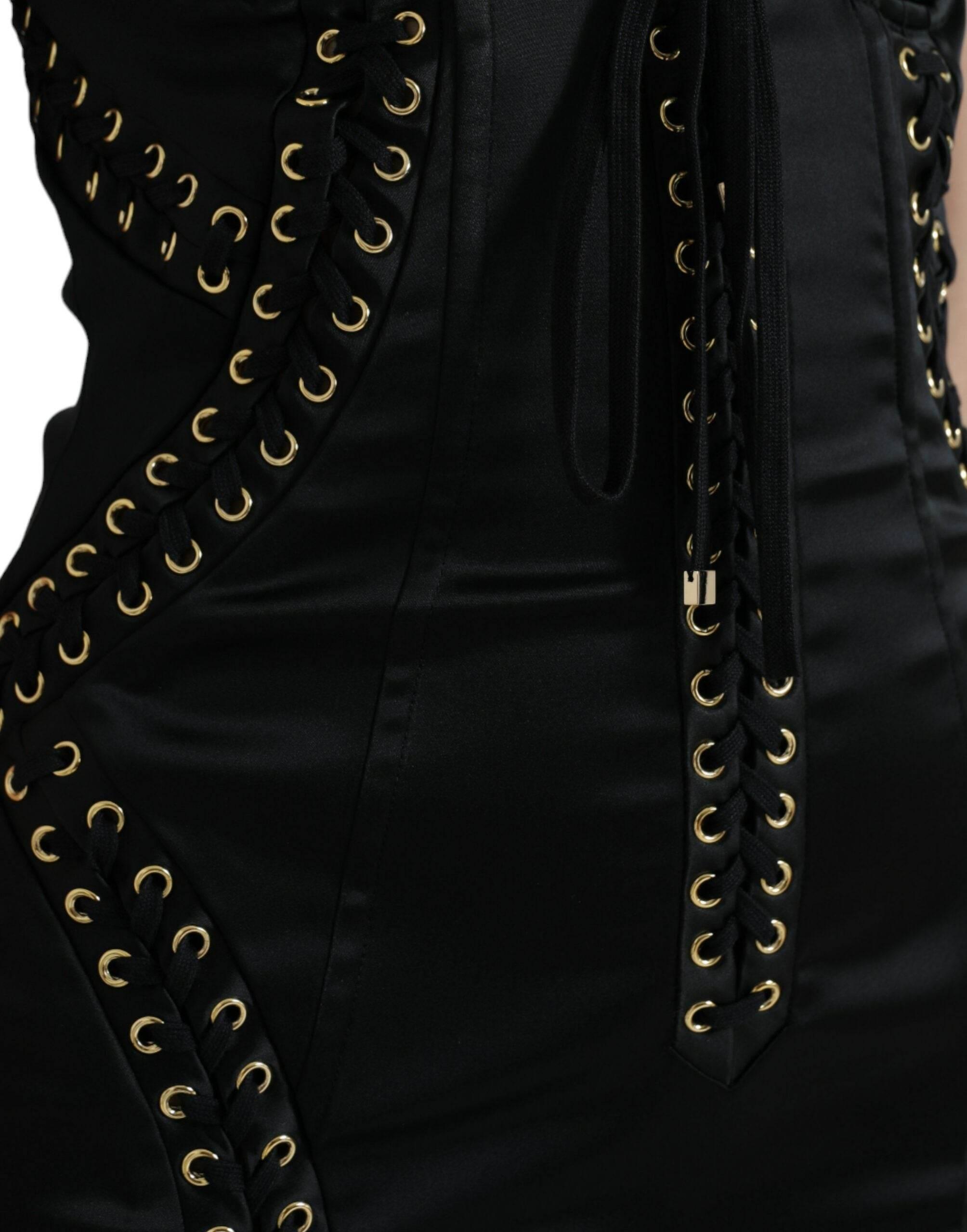 Dolce & Gabbana Elegant Black Lace-Up Midi Bodycon Dress - Hilstor