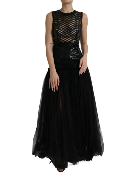 Dolce & Gabbana Black Sequined Sleeveless Mesh Layered Gown Dress - Hilstor