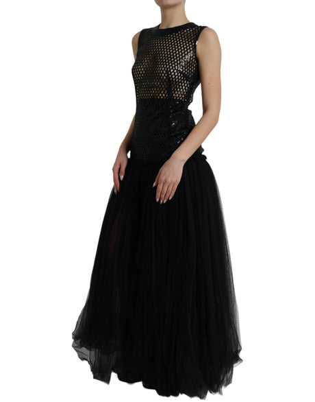 Dolce & Gabbana Black Sequined Sleeveless Mesh Layered Gown Dress - Hilstor