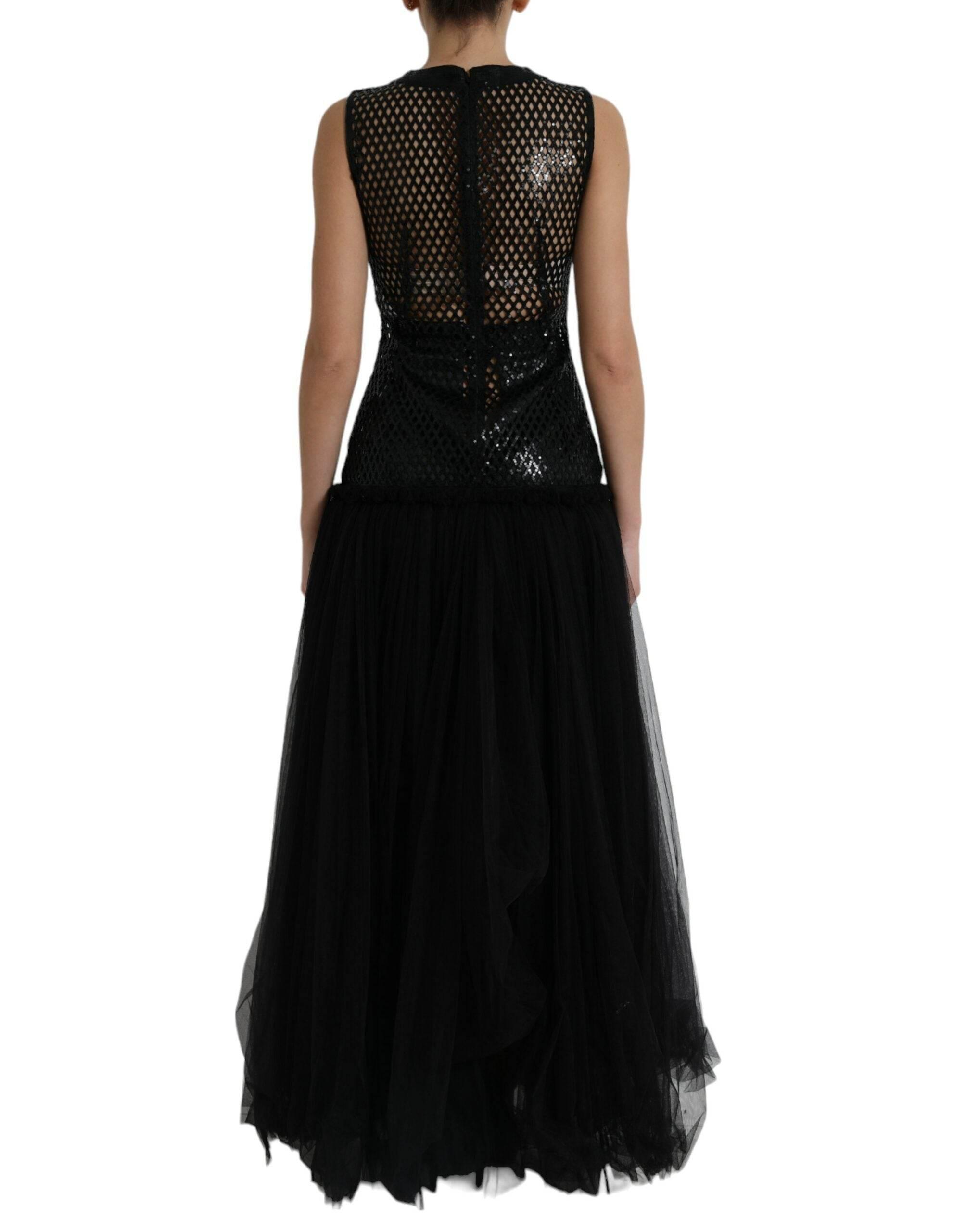 Dolce & Gabbana Black Sequined Sleeveless Mesh Layered Gown Dress - Hilstor
