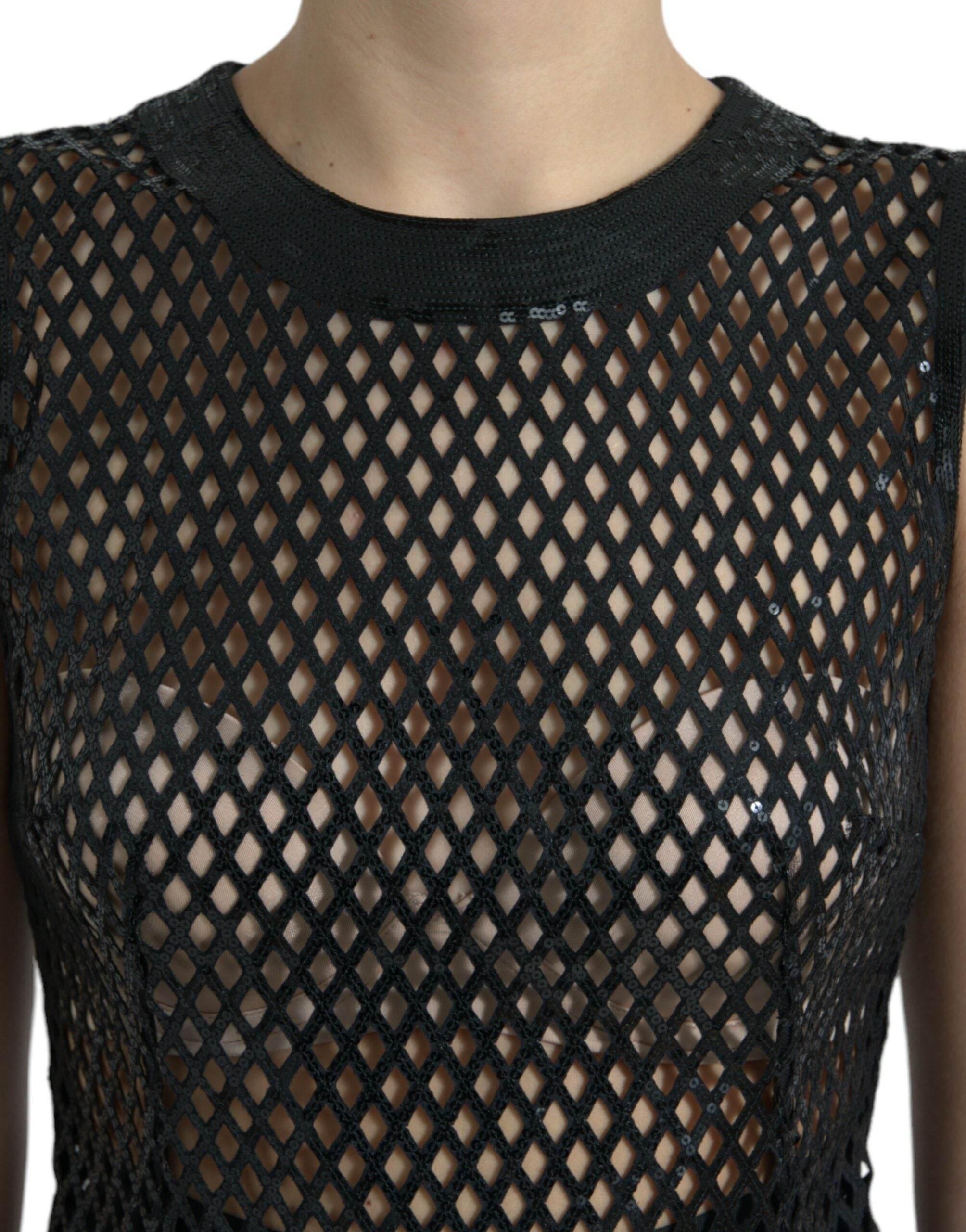 Dolce & Gabbana Black Sequined Sleeveless Mesh Layered Gown Dress - Hilstor