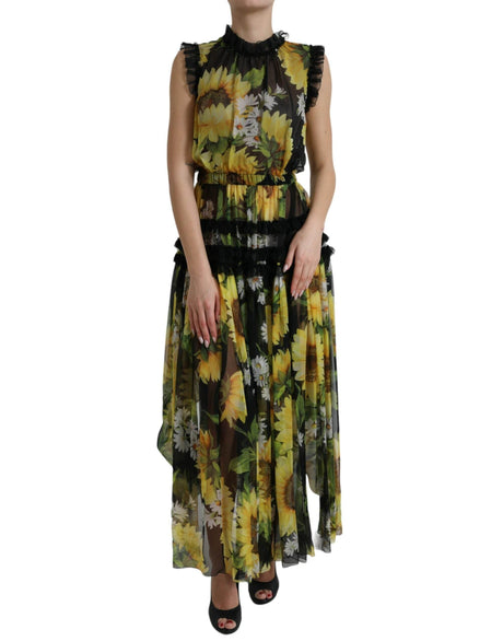 Dolce & Gabbana Black Sunflower A-line Pleated Maxi Dress - Hilstor