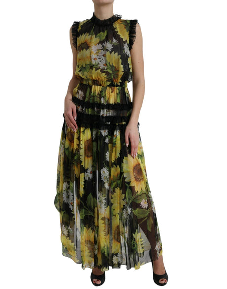 Dolce & Gabbana Black Sunflower A-line Pleated Maxi Dress - Hilstor