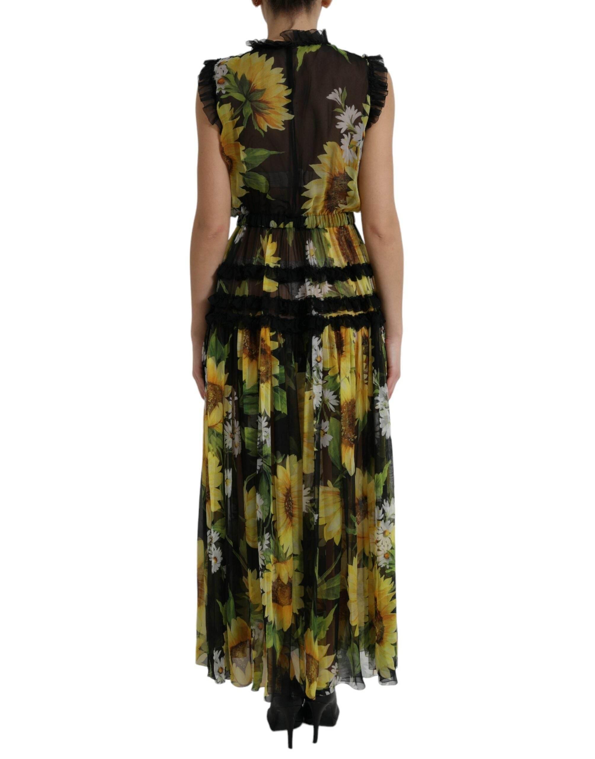 Dolce & Gabbana Black Sunflower A-line Pleated Maxi Dress - Hilstor