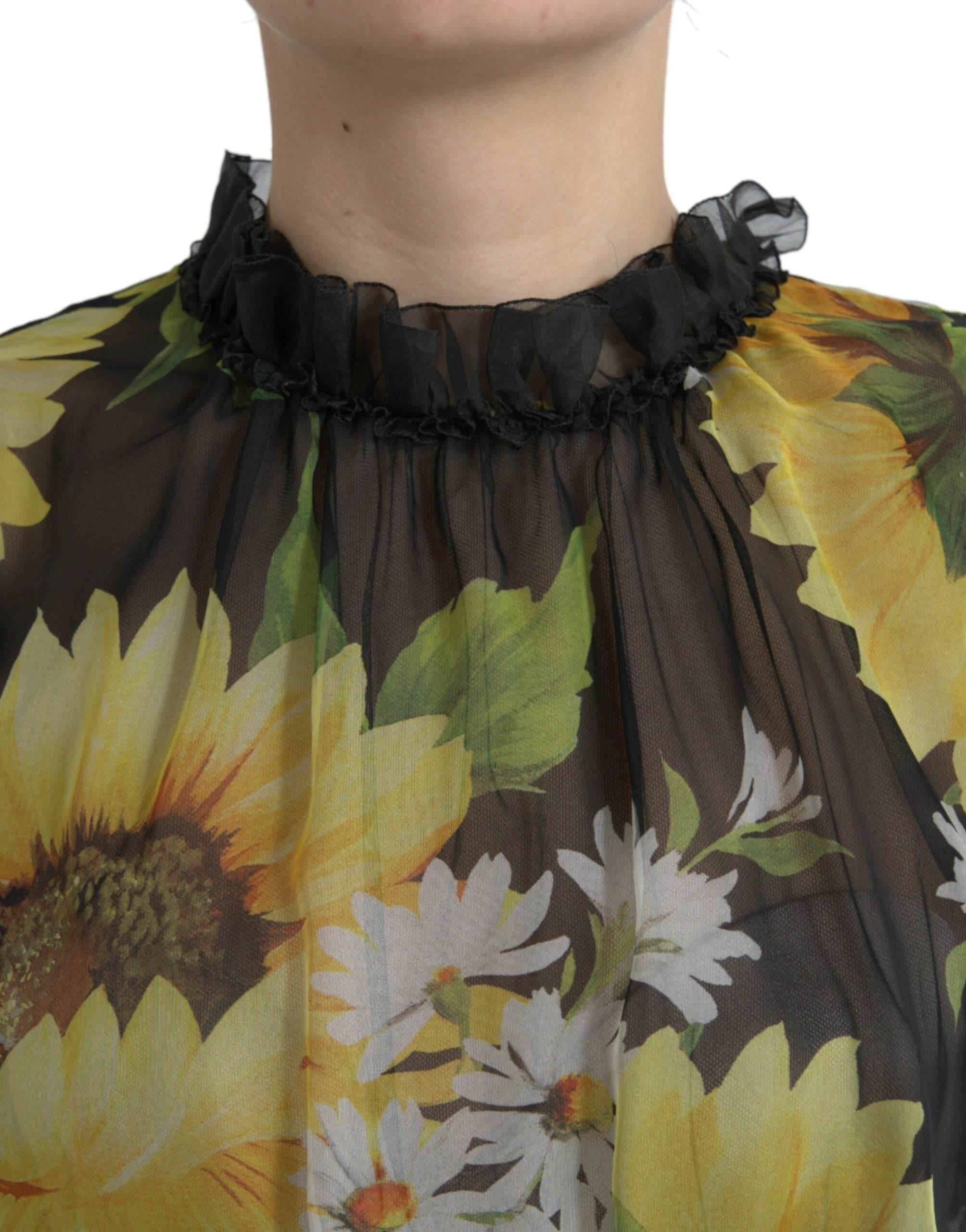 Dolce & Gabbana Black Sunflower A-line Pleated Maxi Dress - Hilstor