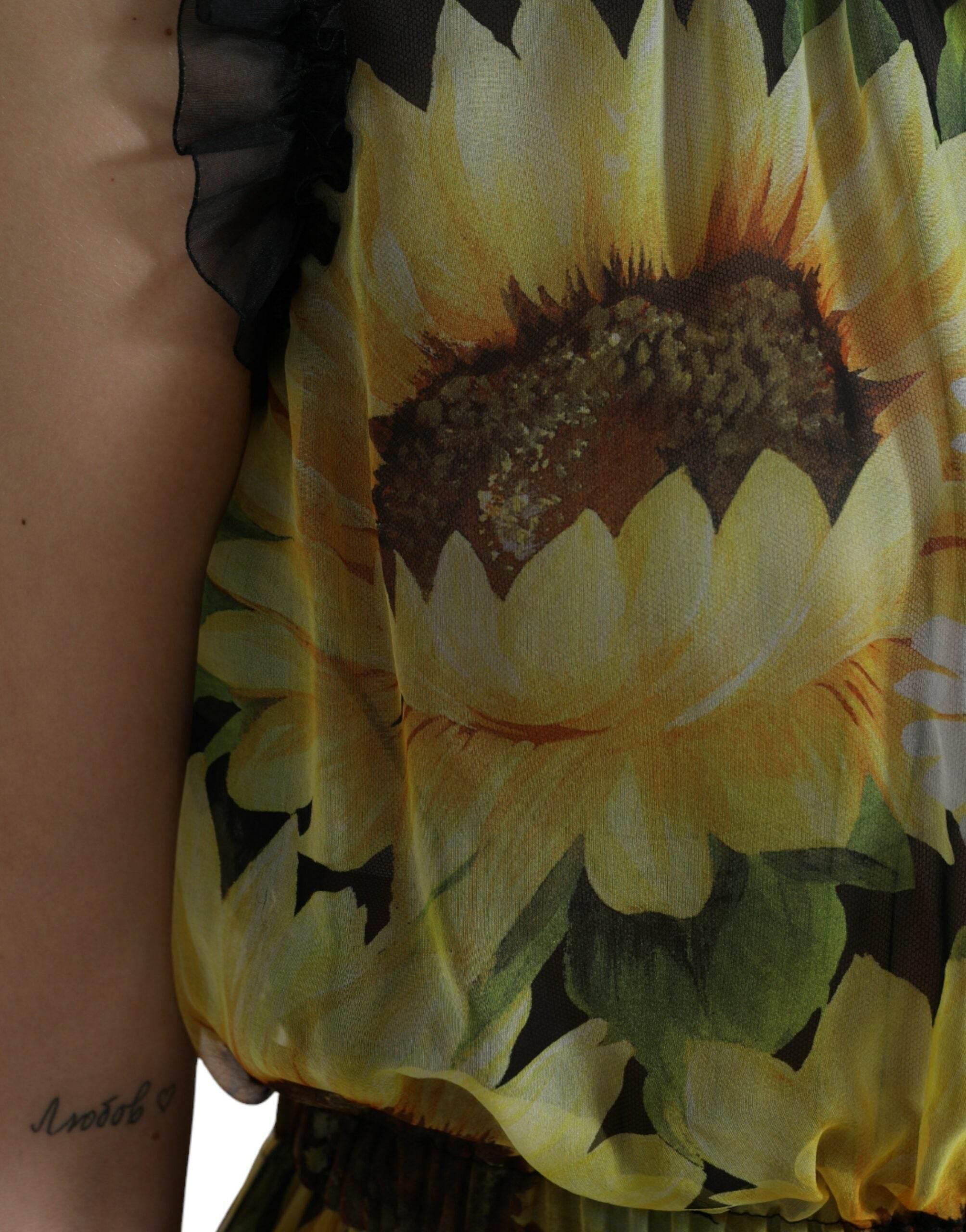 Dolce & Gabbana Black Sunflower A-line Pleated Maxi Dress - Hilstor