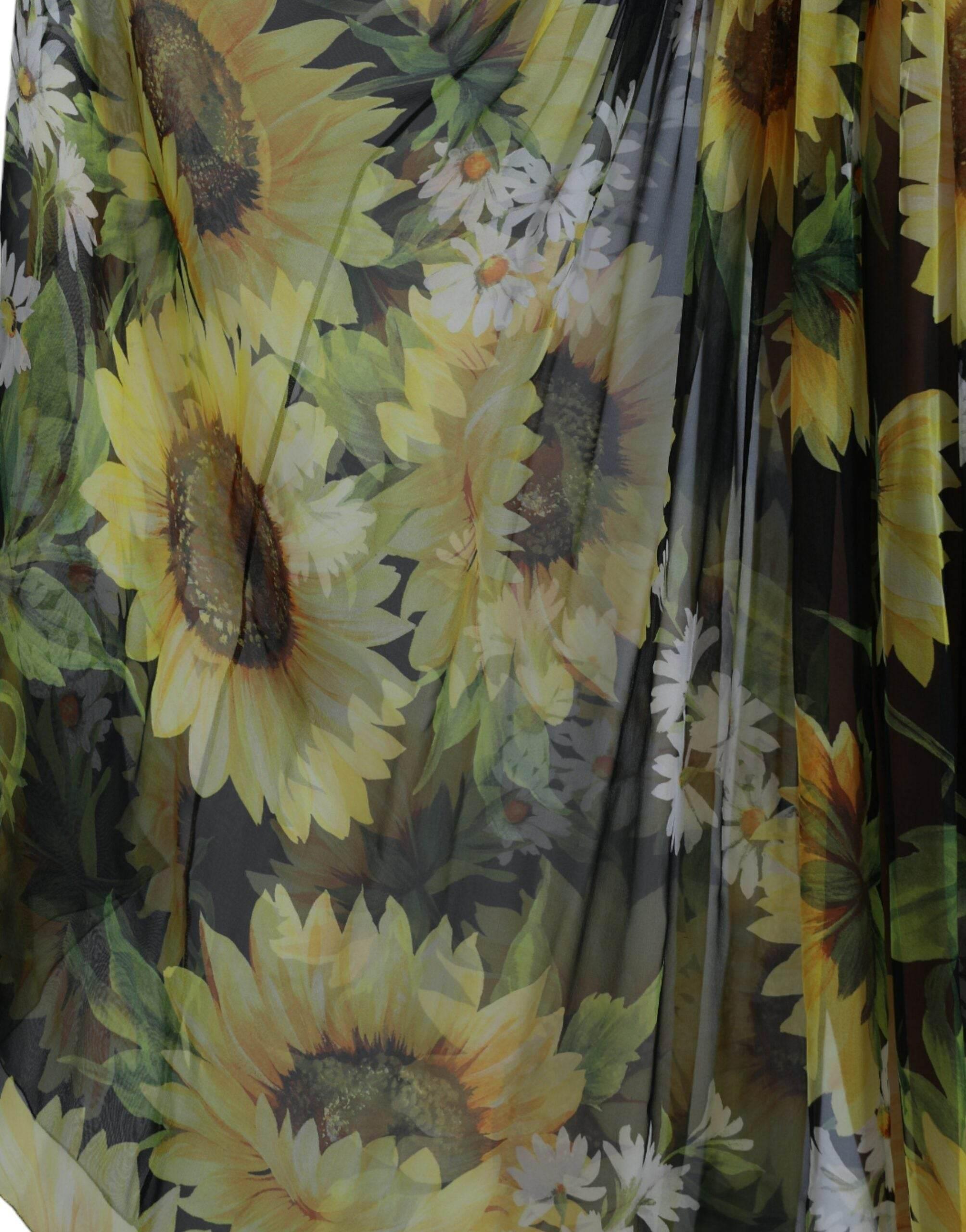 Dolce & Gabbana Black Sunflower A-line Pleated Maxi Dress - Hilstor