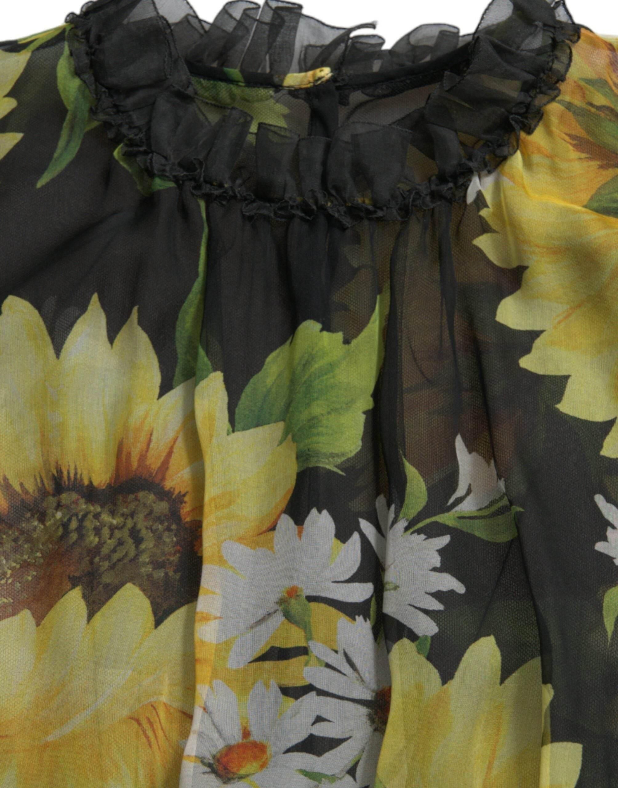 Dolce & Gabbana Black Sunflower A-line Pleated Maxi Dress - Hilstor