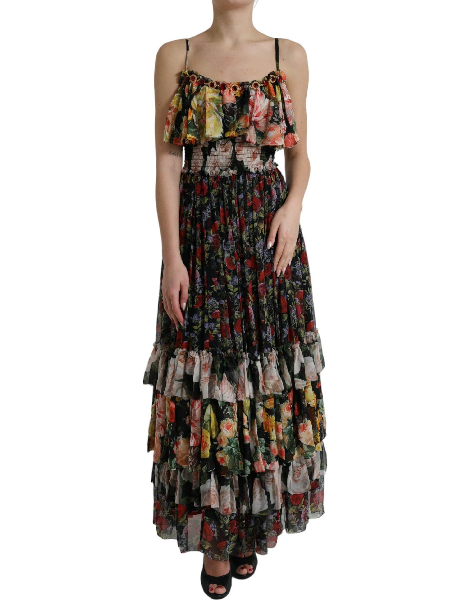 Dolce & Gabbana Multicolor Floral Chiffon Tiered Maxi Dress - Hilstor