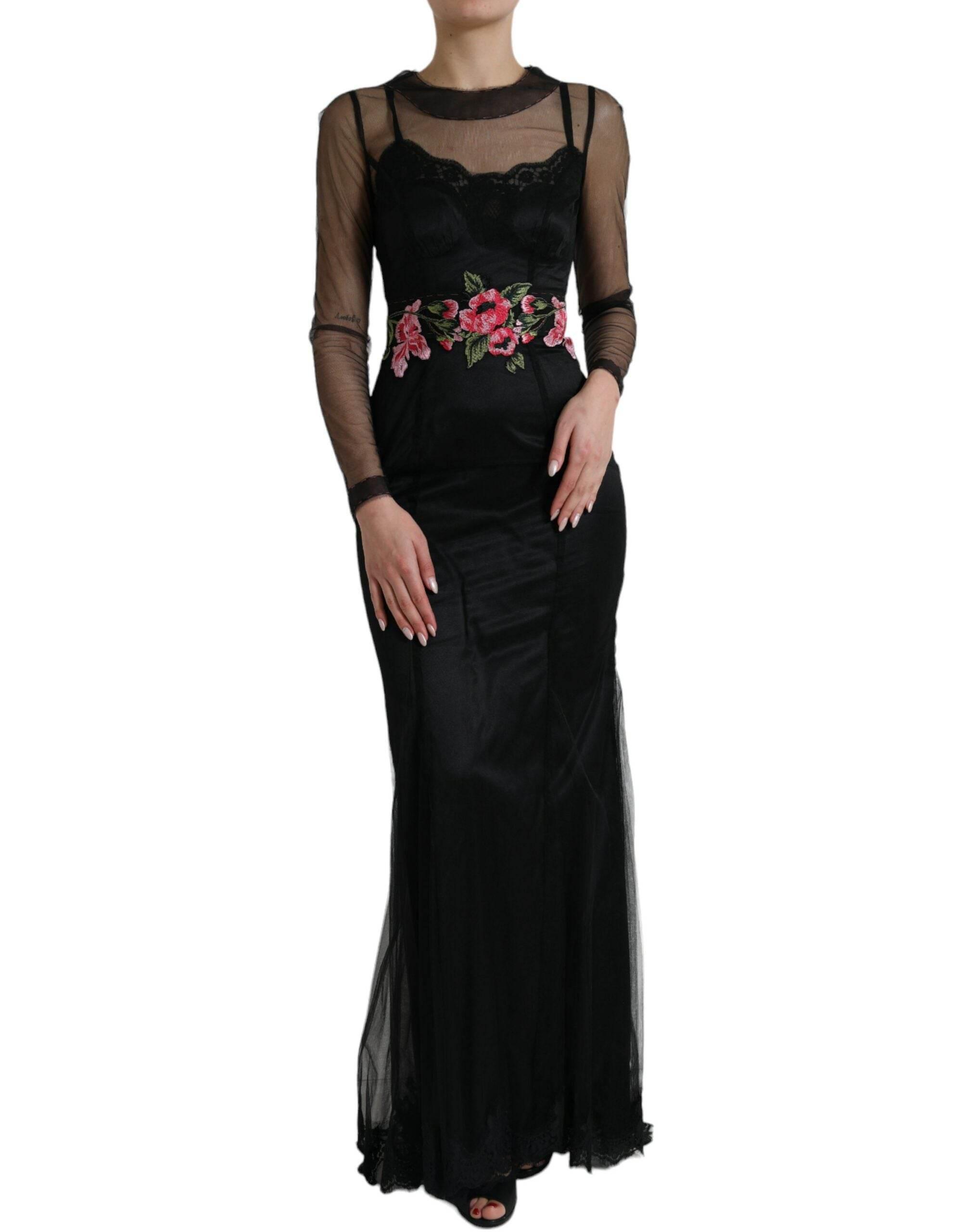 Dolce & Gabbana Black Floral Embroidery Mesh Tulle Gown Dress - Hilstor