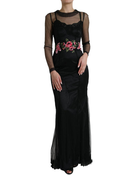 Dolce & Gabbana Black Floral Embroidery Mesh Tulle Gown Dress - Hilstor