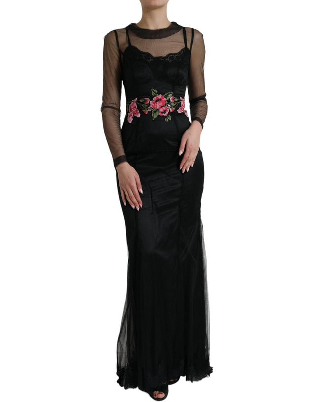 Dolce & Gabbana Black Floral Embroidery Mesh Tulle Gown Dress - Hilstor