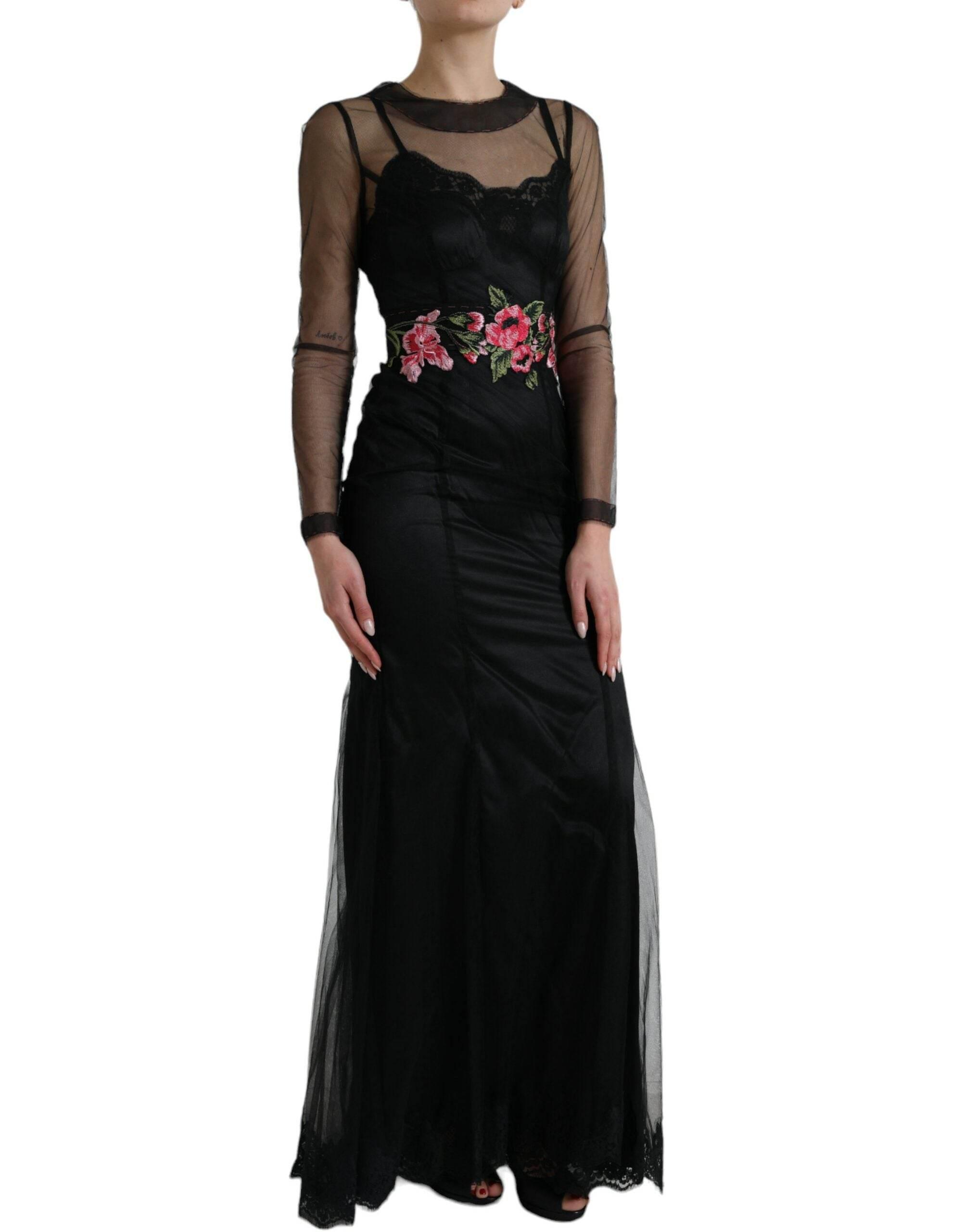 Dolce & Gabbana Black Floral Embroidery Mesh Tulle Gown Dress - Hilstor