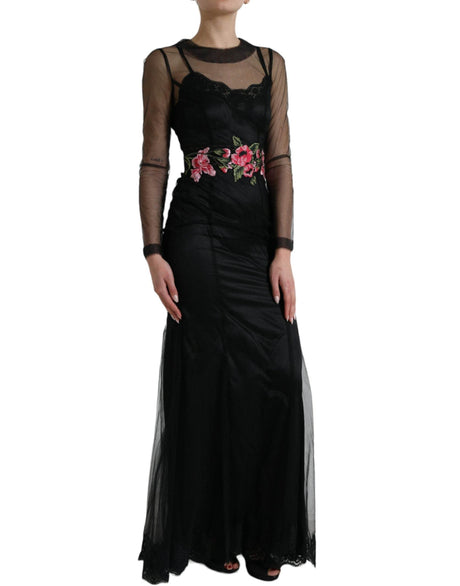 Dolce & Gabbana Black Floral Embroidery Mesh Tulle Gown Dress - Hilstor
