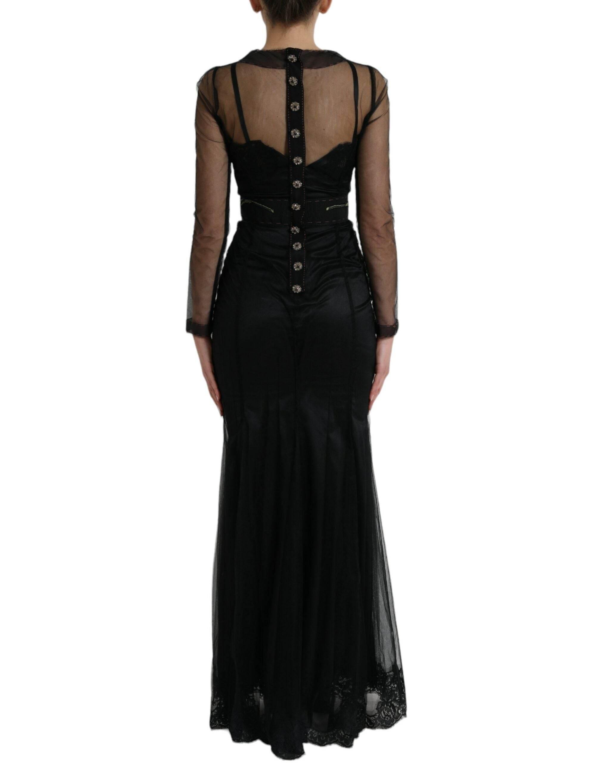 Dolce & Gabbana Black Floral Embroidery Mesh Tulle Gown Dress - Hilstor