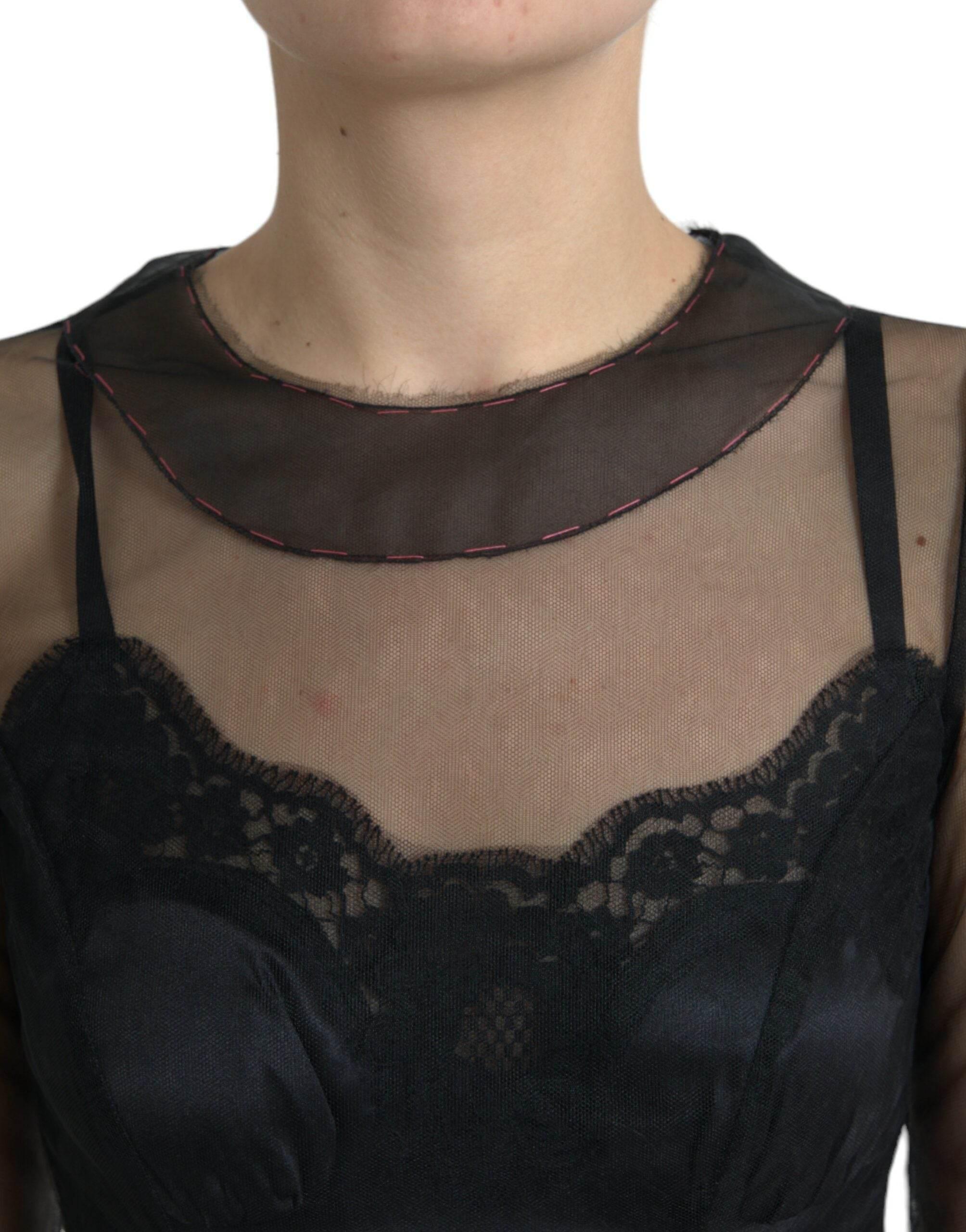 Dolce & Gabbana Black Floral Embroidery Mesh Tulle Gown Dress - Hilstor