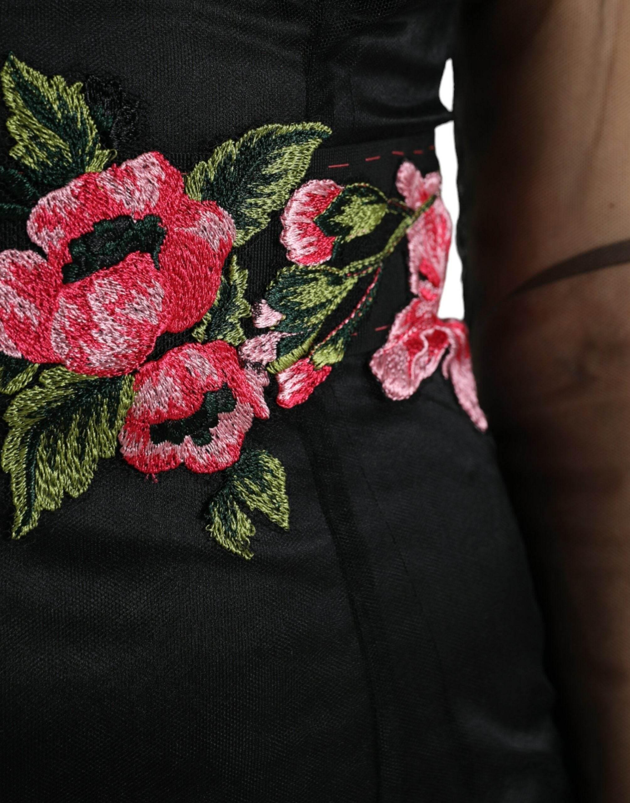 Dolce & Gabbana Black Floral Embroidery Mesh Tulle Gown Dress - Hilstor