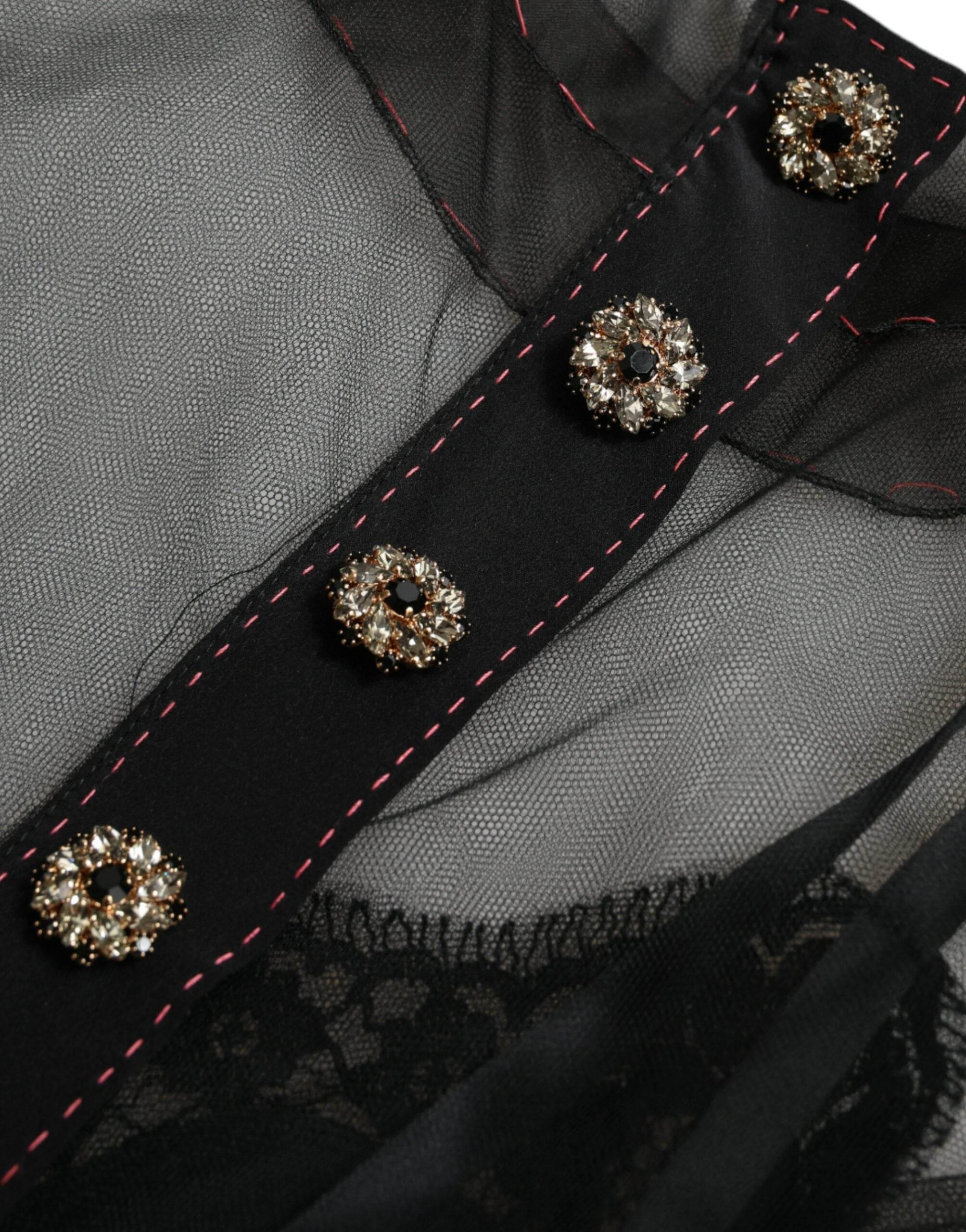 Dolce & Gabbana Black Floral Embroidery Mesh Tulle Gown Dress - Hilstor