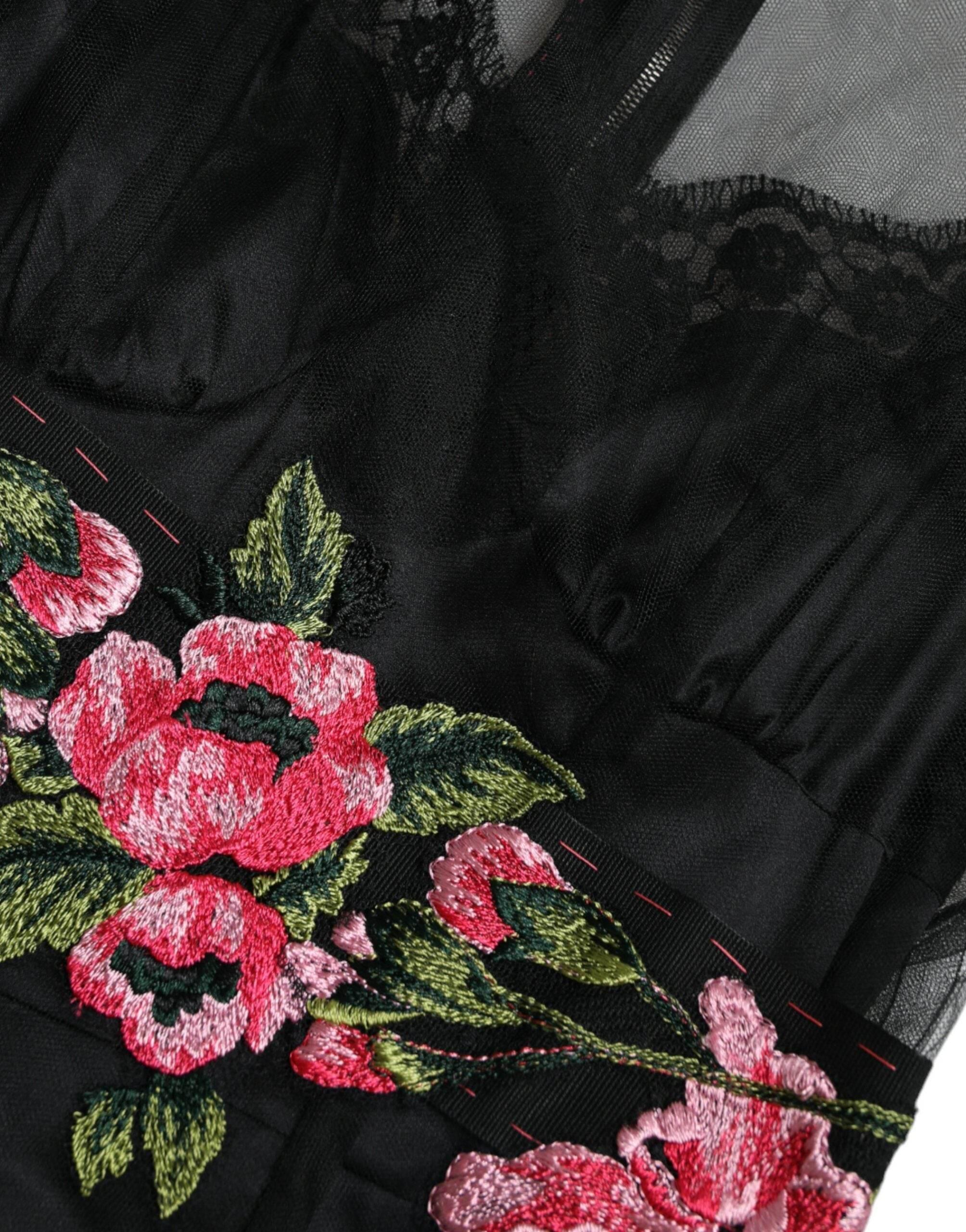 Dolce & Gabbana Black Floral Embroidery Mesh Tulle Gown Dress - Hilstor
