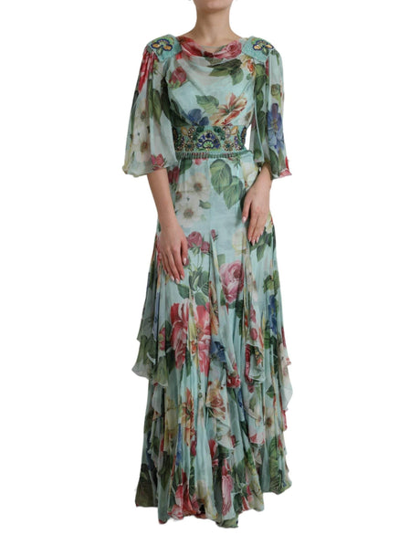 Dolce & Gabbana Blue Floral Print Tiered Long Maxi Dress - Hilstor