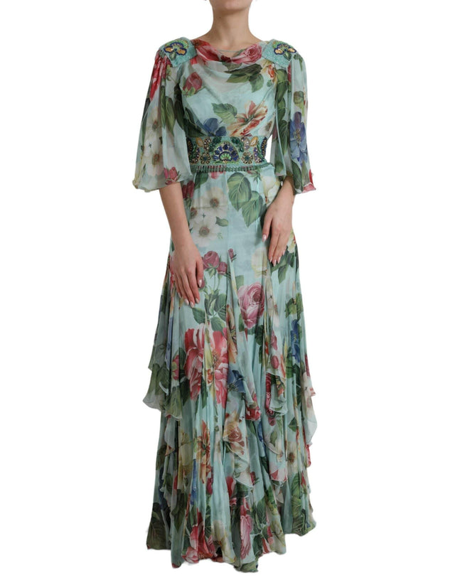 Dolce & Gabbana Blue Floral Print Tiered Long Maxi Dress - Hilstor
