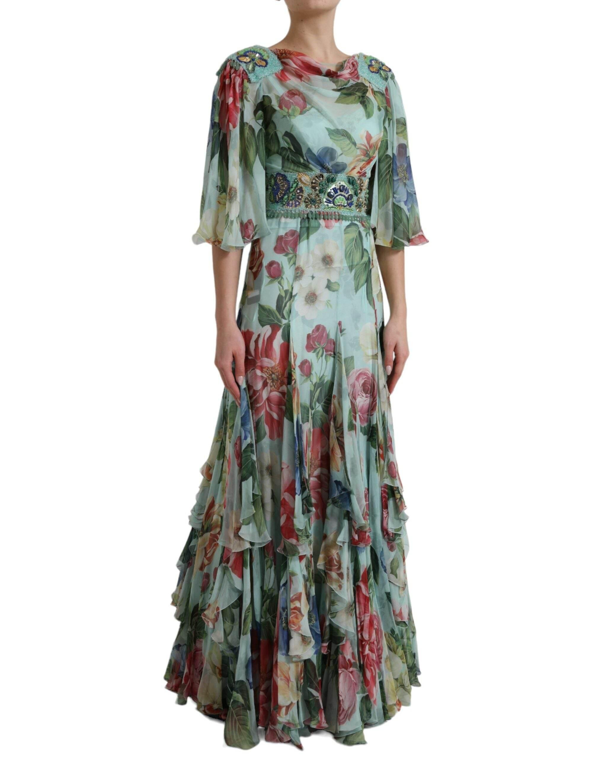 Dolce & Gabbana Blue Floral Print Tiered Long Maxi Dress - Hilstor