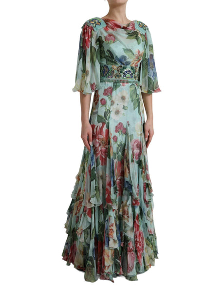 Dolce & Gabbana Blue Floral Print Tiered Long Maxi Dress - Hilstor