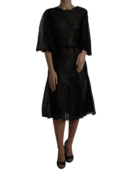 Dolce & Gabbana Black Floral Lace Sheer A-line Midi Dress - Hilstor