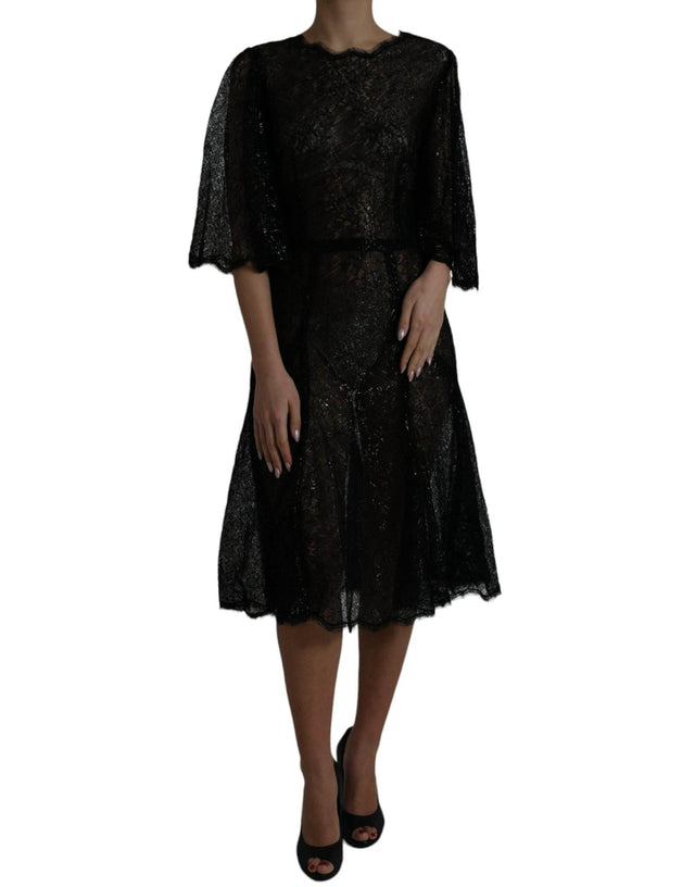 Dolce & Gabbana Black Floral Lace Sheer A-line Midi Dress - Hilstor