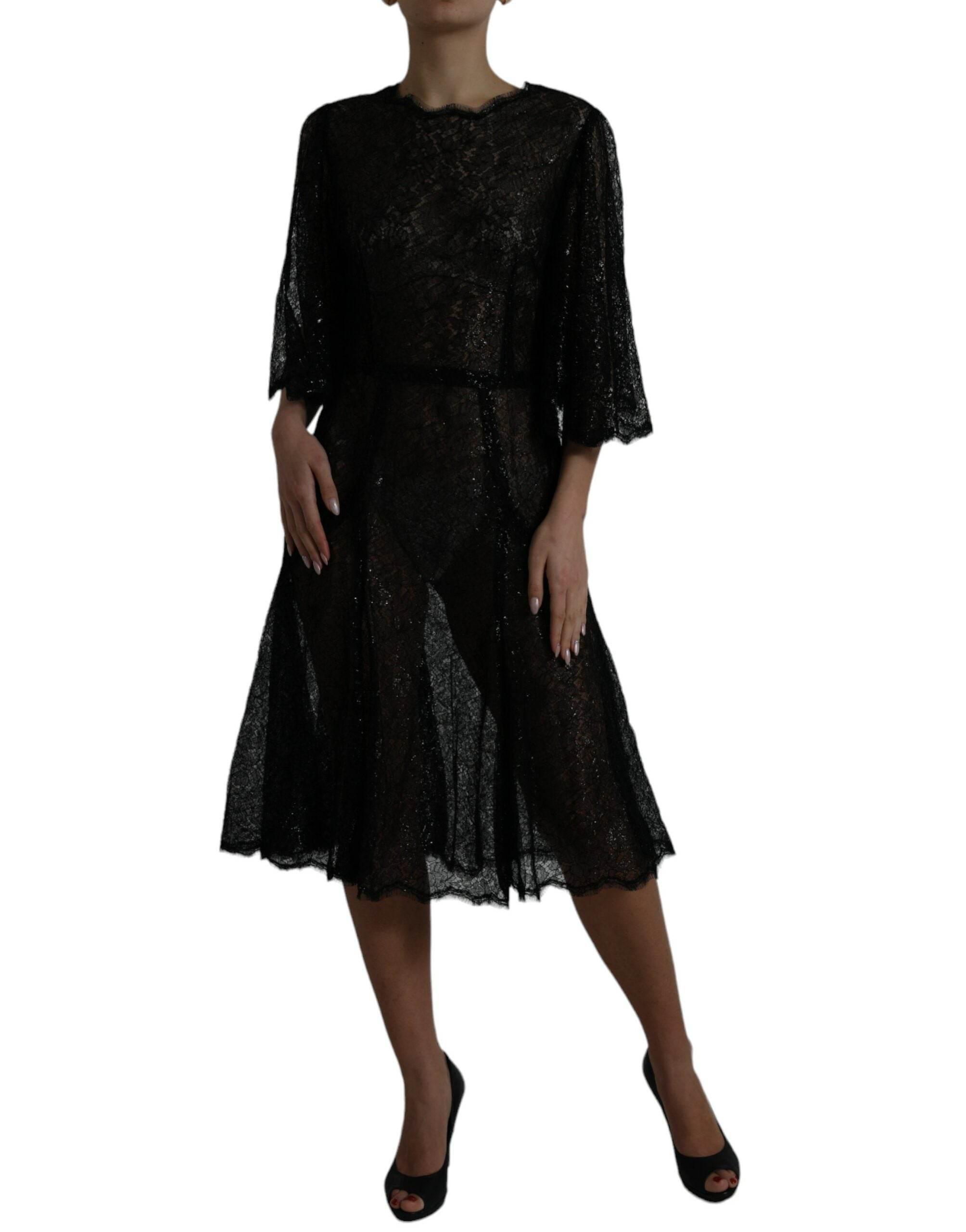 Dolce & Gabbana Black Floral Lace Sheer A-line Midi Dress - Hilstor