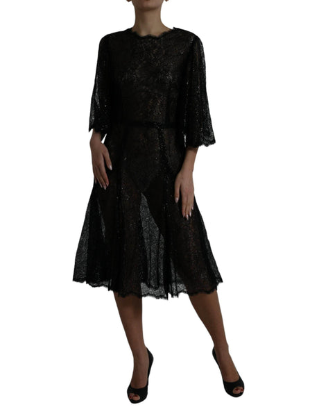 Dolce & Gabbana Black Floral Lace Sheer A-line Midi Dress - Hilstor