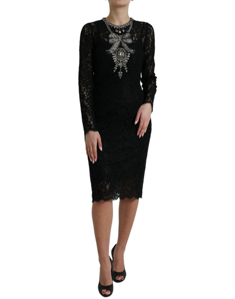 Dolce & Gabbana Black Lace Crystal Embellished Sheath Dress - Hilstor