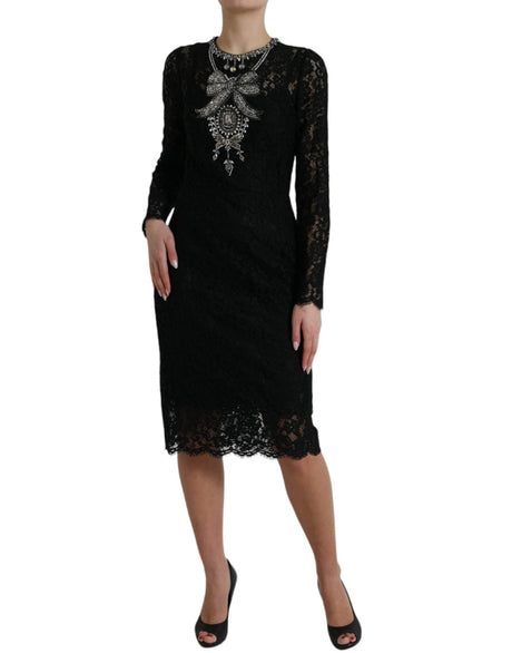 Dolce & Gabbana Black Lace Crystal Embellished Sheath Dress - Hilstor