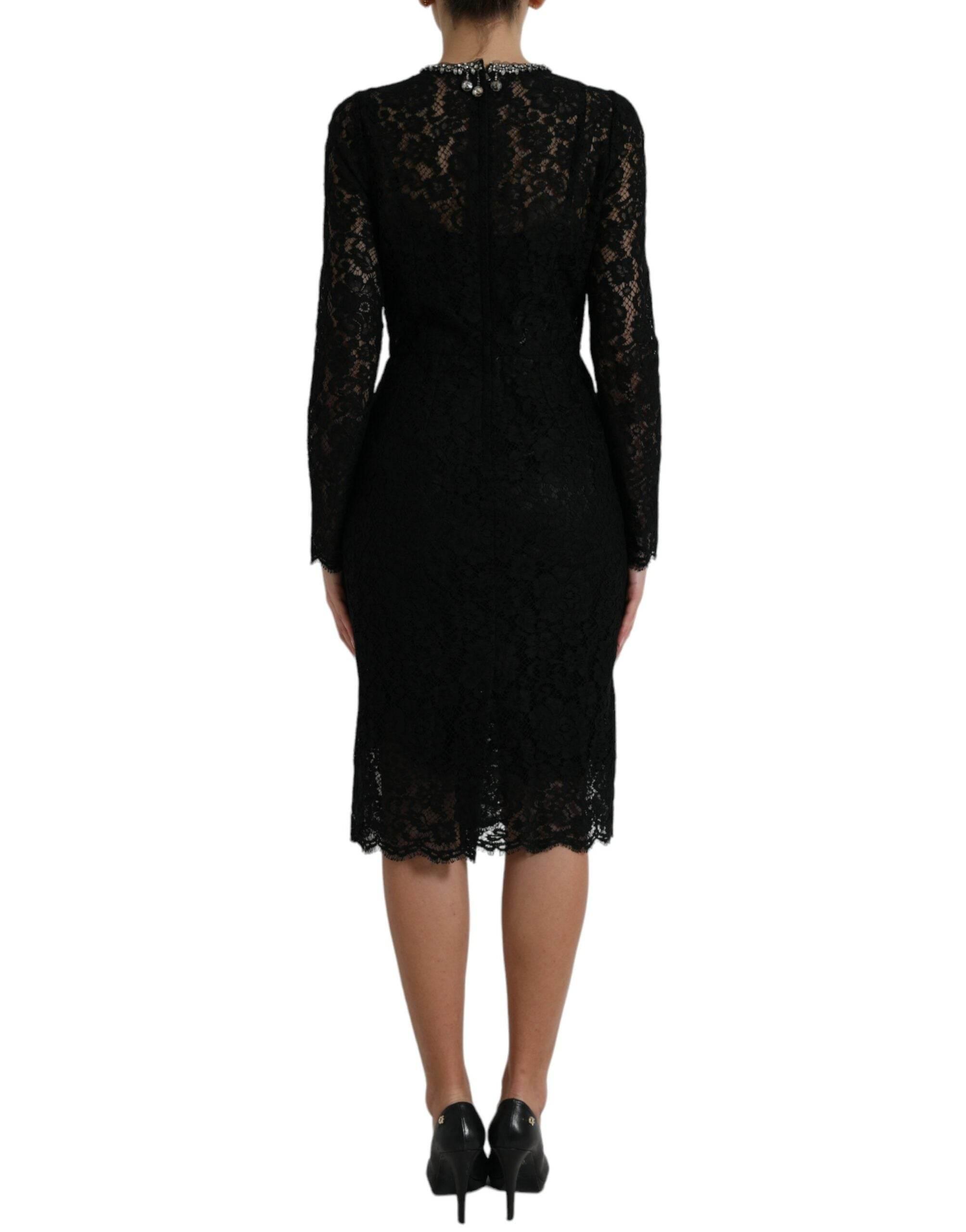 Dolce & Gabbana Black Lace Crystal Embellished Sheath Dress - Hilstor