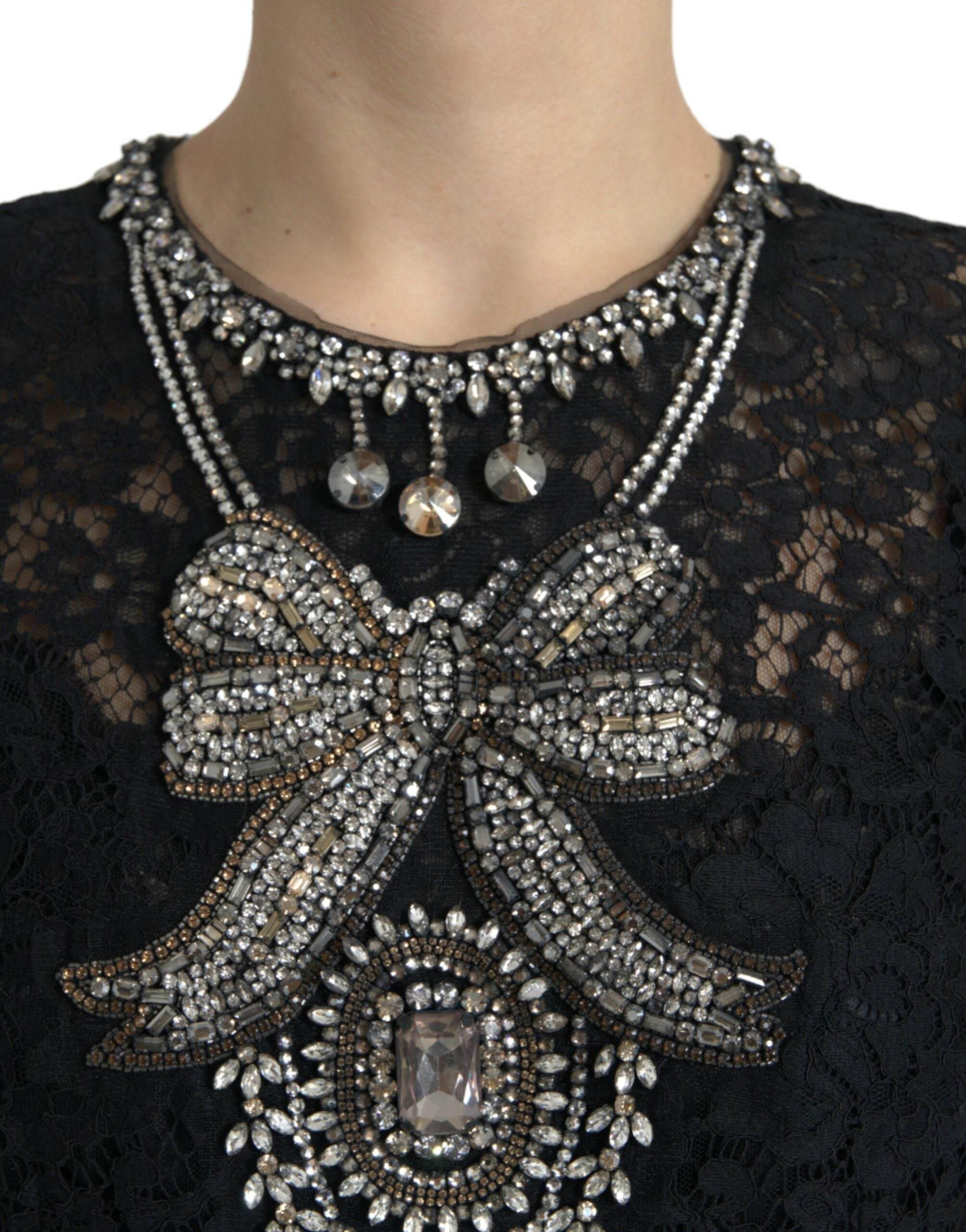 Dolce & Gabbana Black Lace Crystal Embellished Sheath Dress - Hilstor