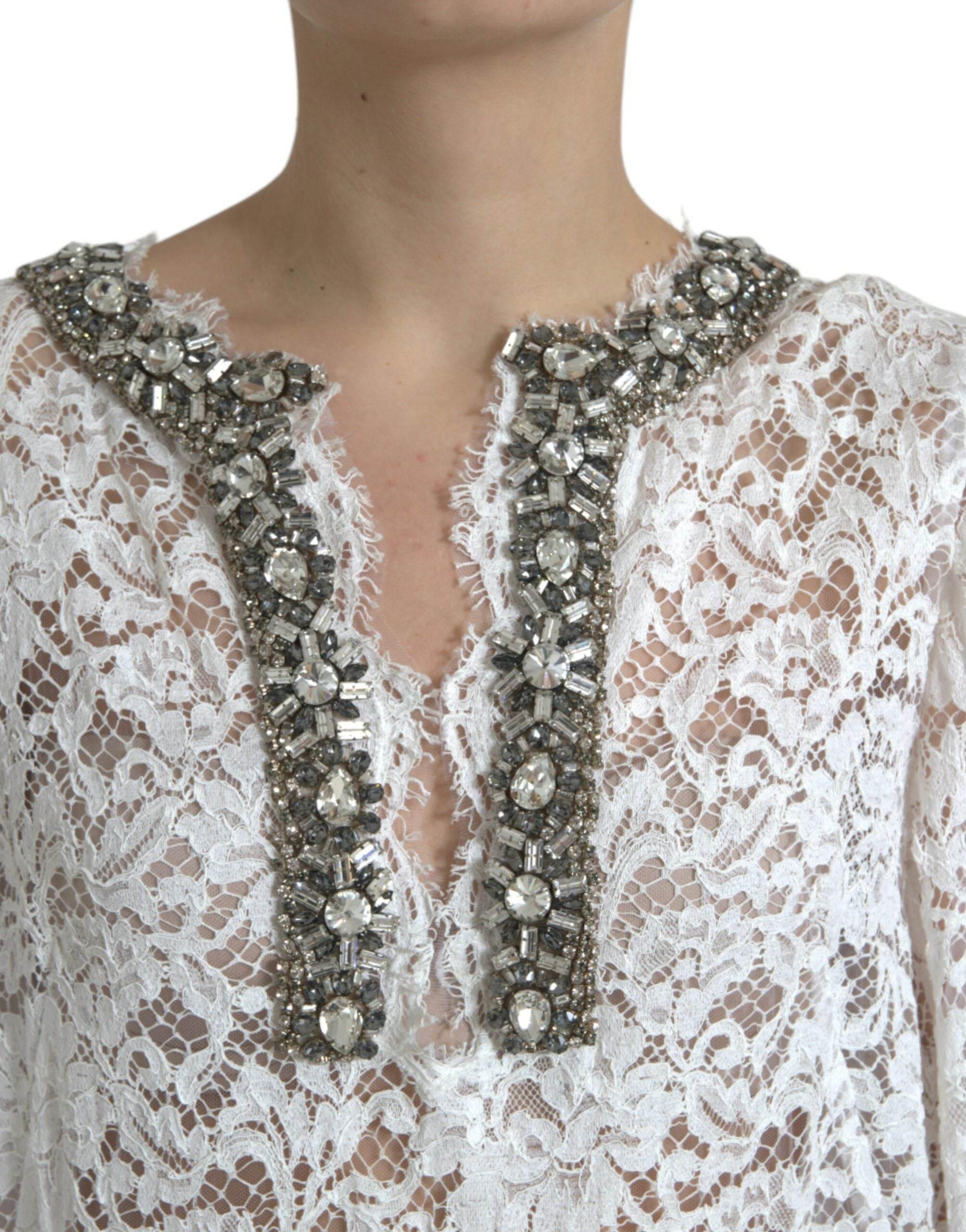 Dolce & Gabbana White Lace Crystal Embellished Shift Dress - Hilstor