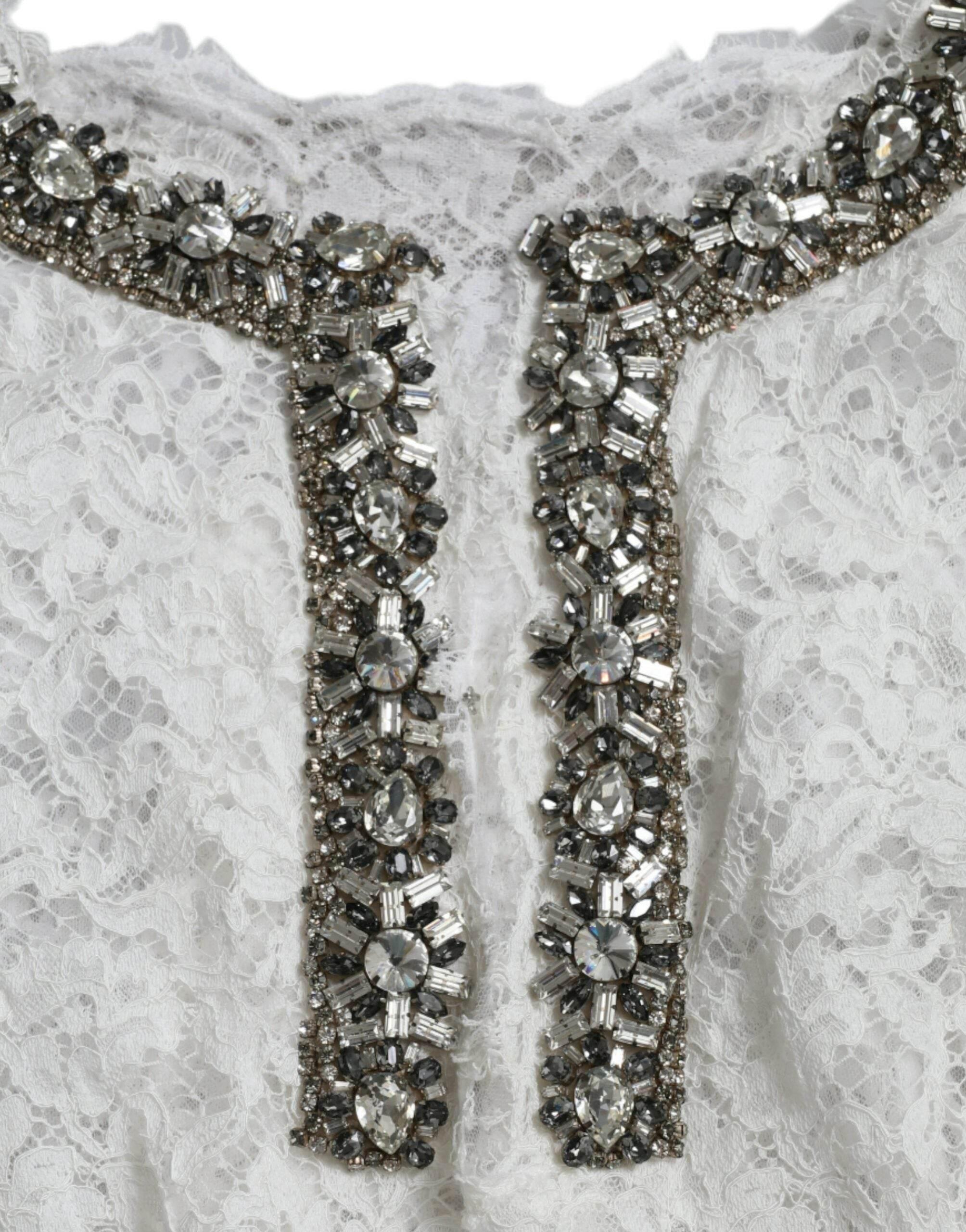 Dolce & Gabbana White Lace Crystal Embellished Shift Dress - Hilstor