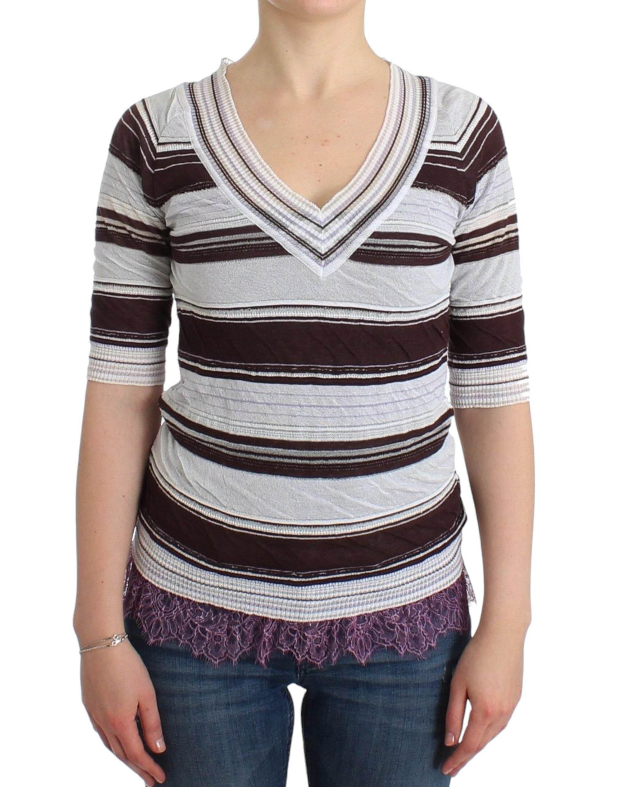 Ermanno Scervino Striped Lace V-Neck Short Sleeve Top Sweater - Hilstor