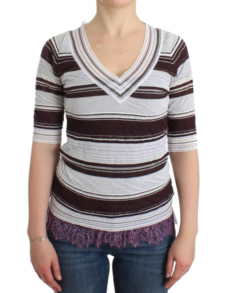 Ermanno Scervino Striped Lace V-Neck Short Sleeve Top Sweater - Hilstor