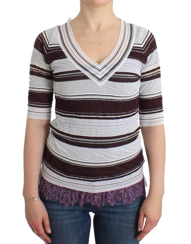 Ermanno Scervino Striped Lace V-Neck Short Sleeve Top Sweater - Hilstor
