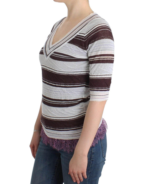 Ermanno Scervino Striped Lace V-Neck Short Sleeve Top Sweater - Hilstor