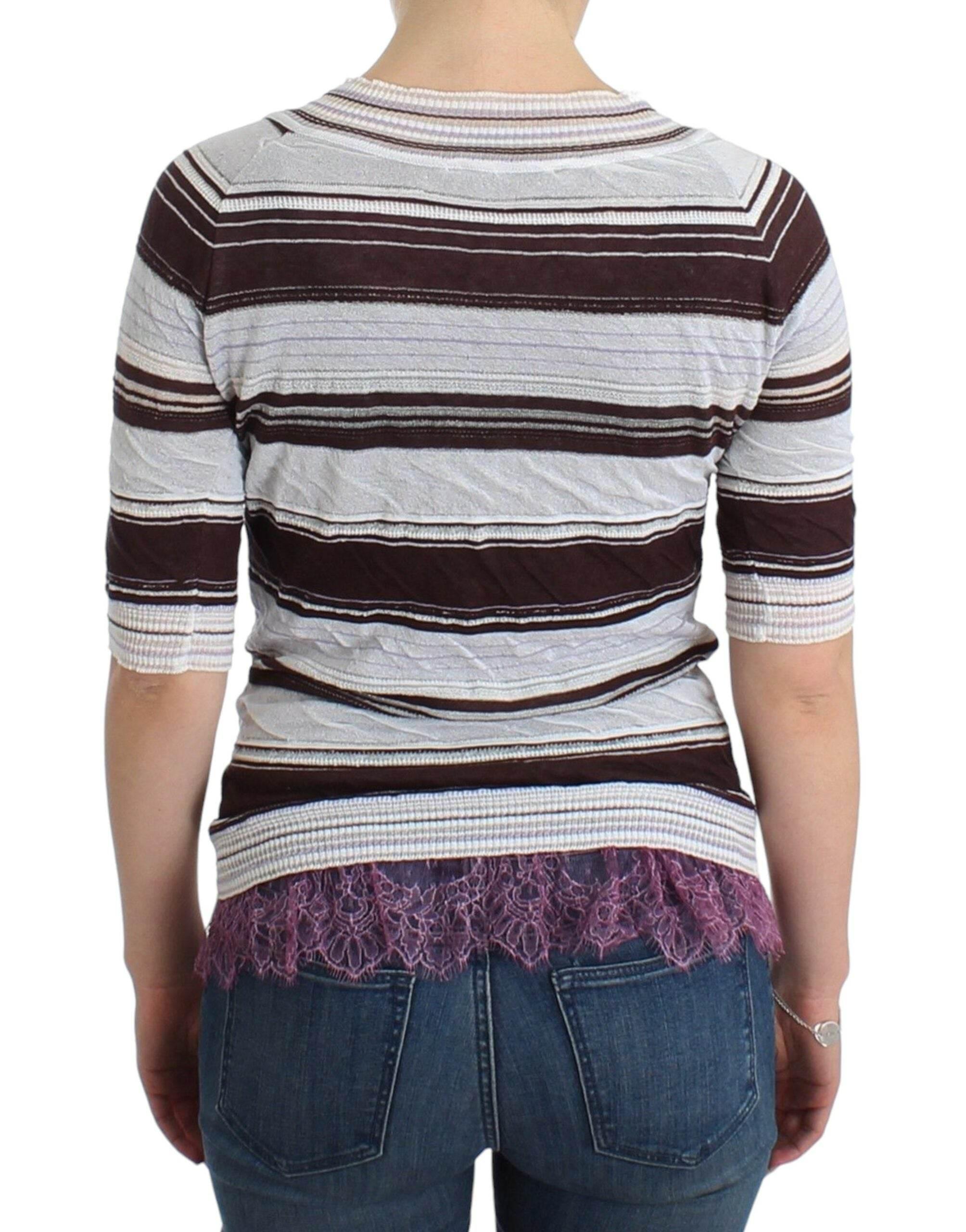 Ermanno Scervino Striped Lace V-Neck Short Sleeve Top Sweater - Hilstor