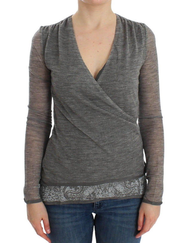 Ermanno Scervino Elegant Gray Wool Blend Deep V-neck Sweater - Hilstor