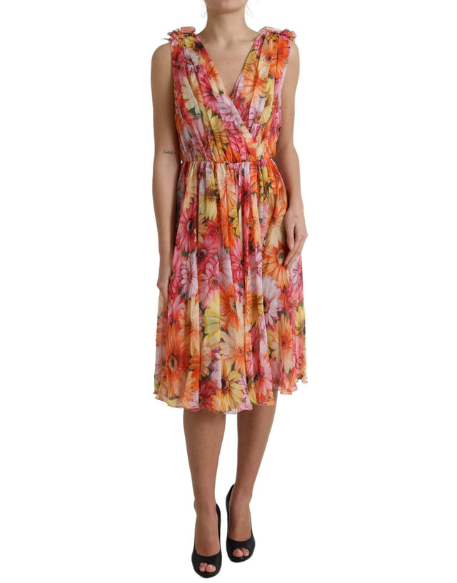 Dolce & Gabbana Elegant Floral Silk Midi Dress with V-Neck - Hilstor
